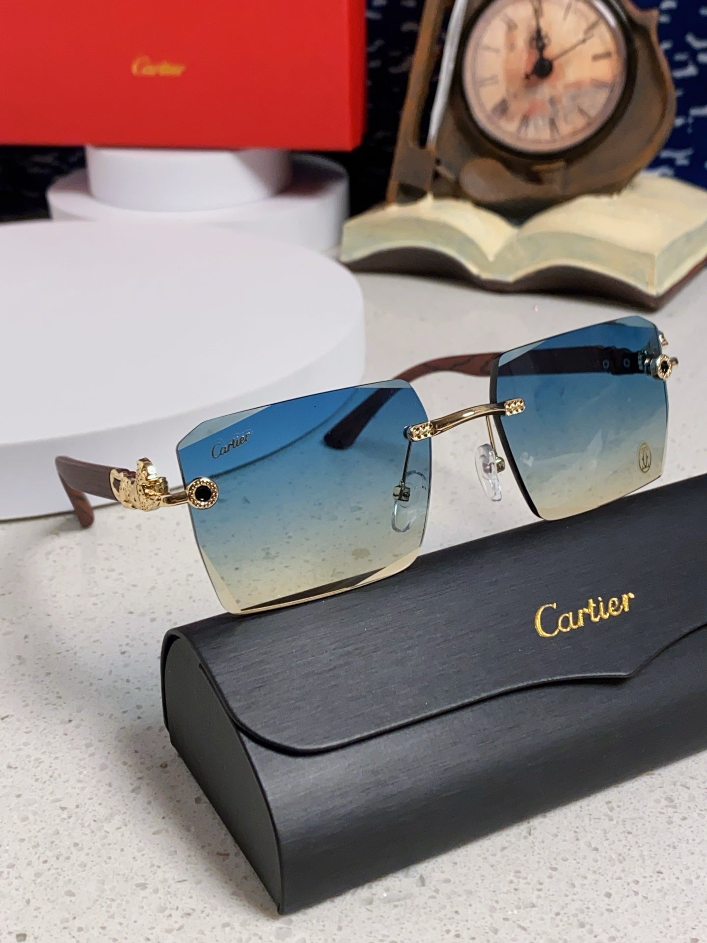 Cartier Lightweight Rimless Blue Lens Sunglasses for Men & Women - 487371 - detail image 10