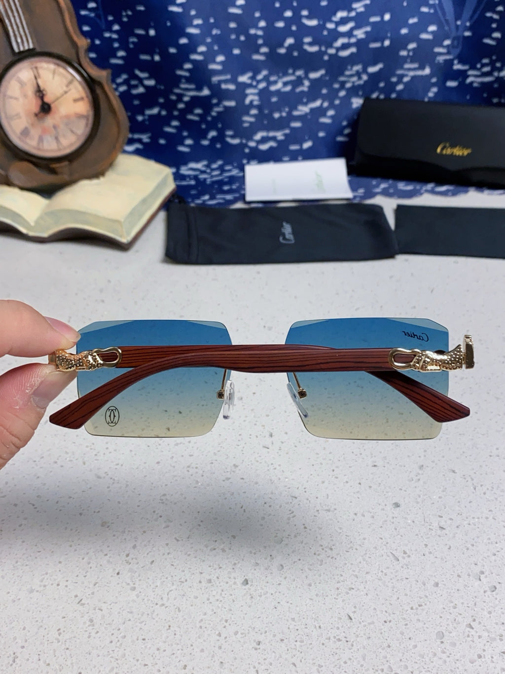 Cartier Lightweight Rimless Blue Lens Sunglasses for Men & Women - 432350 - detail image 5