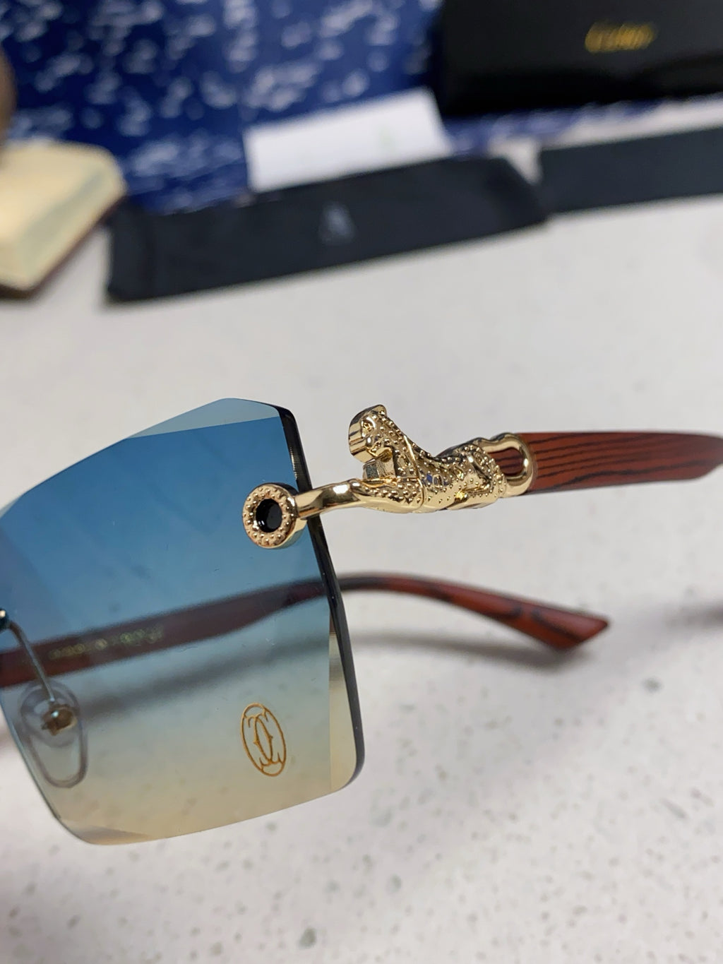 Cartier Lightweight Rimless Blue Lens Sunglasses for Men & Women - 432350 - detail image 7