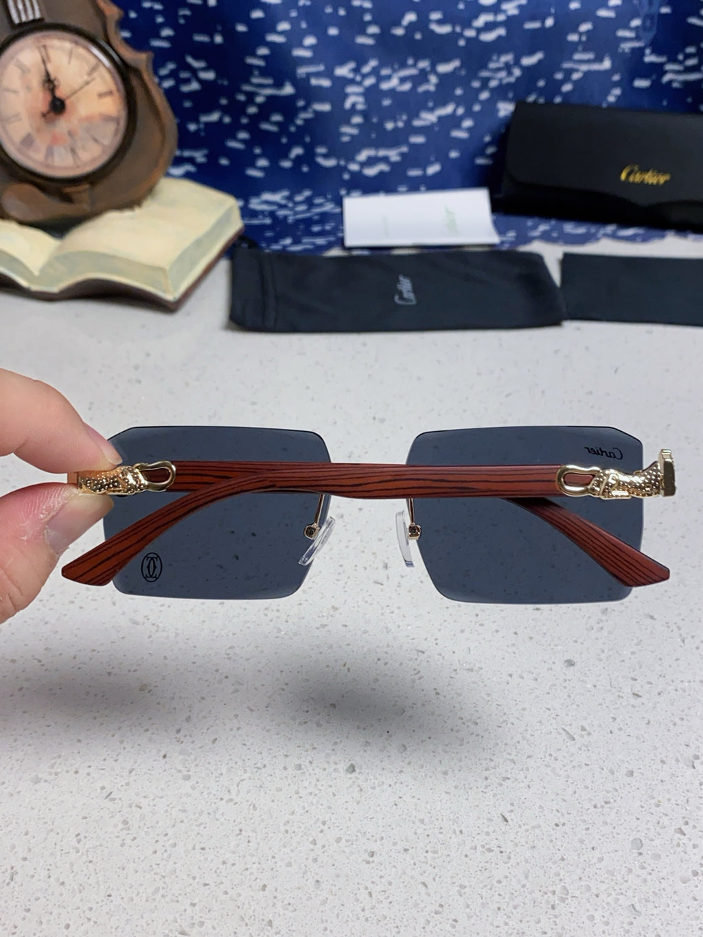 Cartier Lightweight Rimless Blue Lens Sunglasses for Men & Women - 487374 - detail image 5