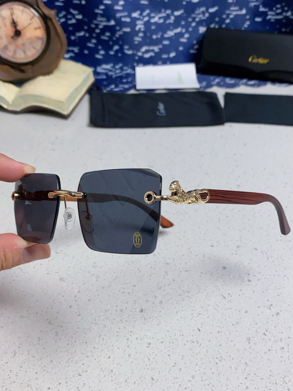 Cartier Lightweight Rimless Blue Lens Sunglasses for Men & Women - 487374 - detail image 6