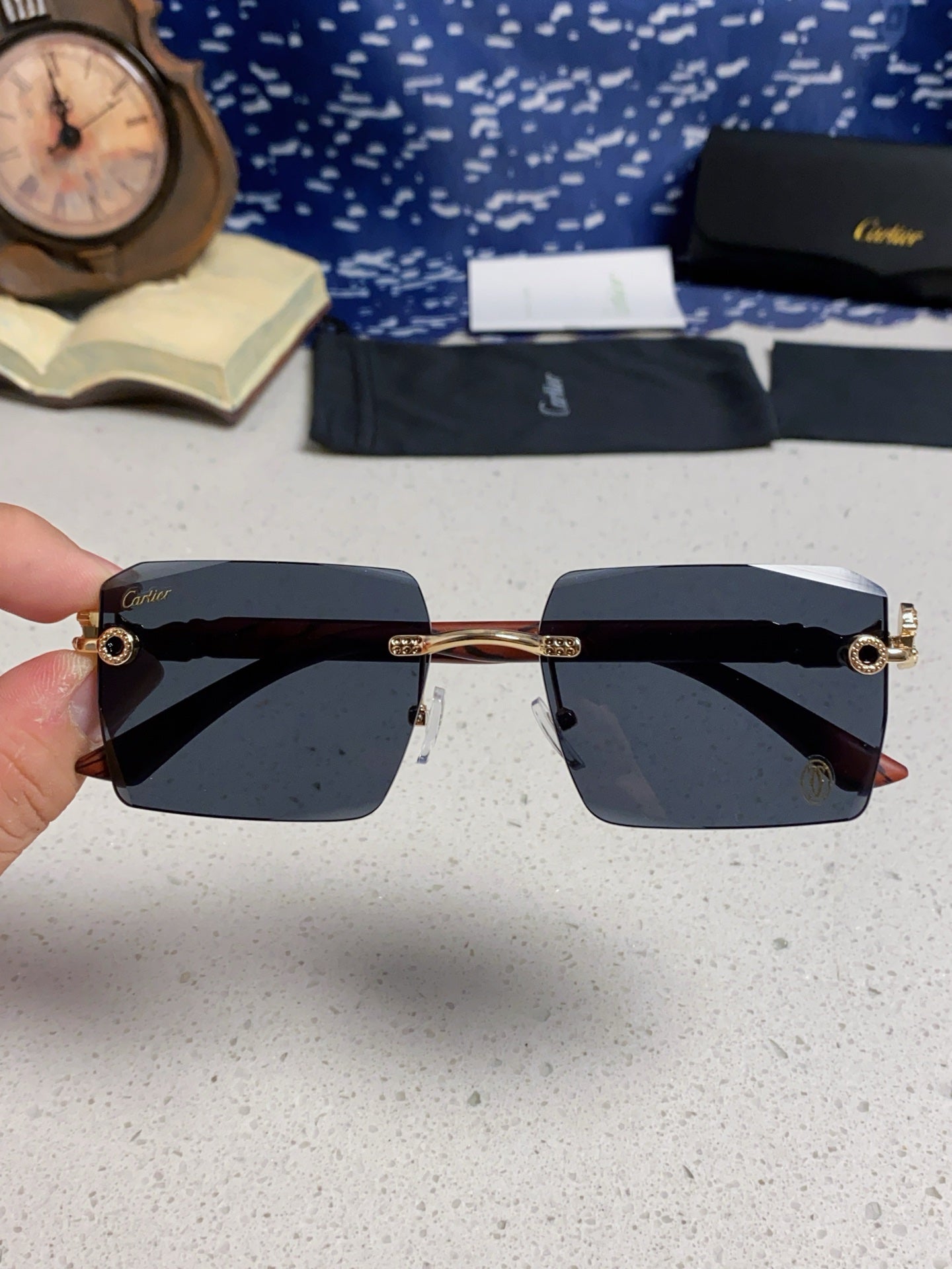 Cartier Lightweight Rimless Blue Lens Sunglasses for Men & Women - 487374 - detail image 4