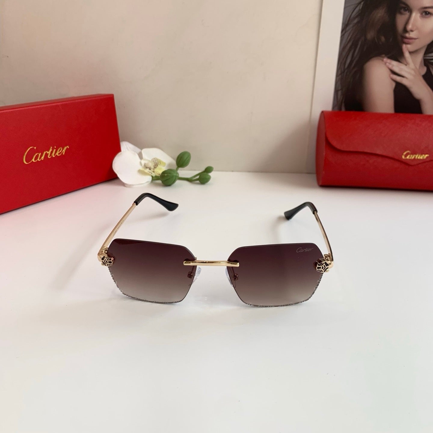 Cartier Lightweight Rimless Red Lens Sunglasses for Men & Women - 415876 - detail image 3