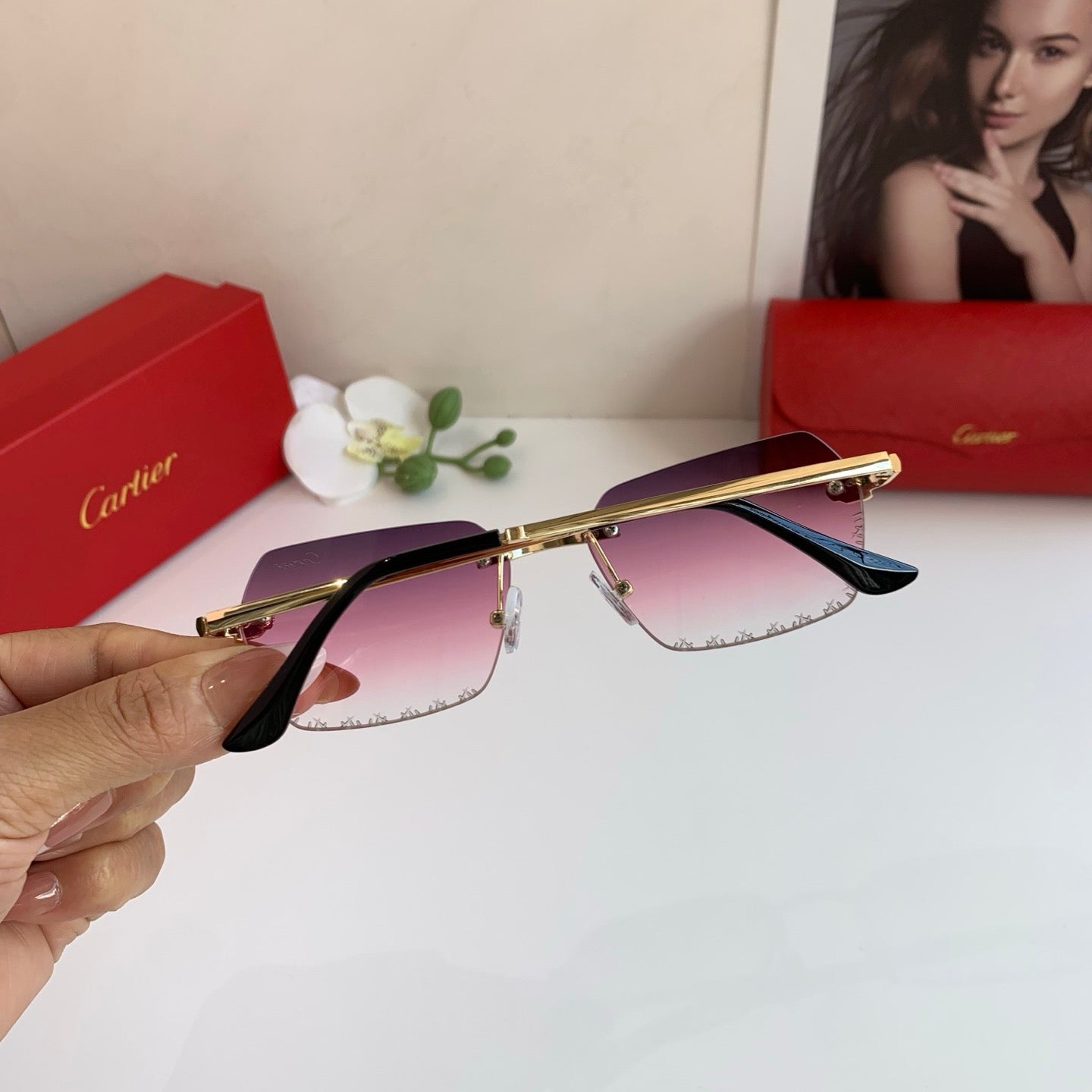 Cartier Lightweight Rimless Purple Lens Sunglasses for Men & Women - 415878 - detail image 6