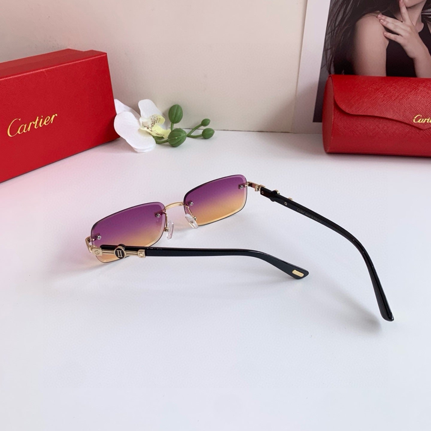 Cartier Lightweight Rimless Purple Lens Sunglasses for Men & Women - detail image 2
